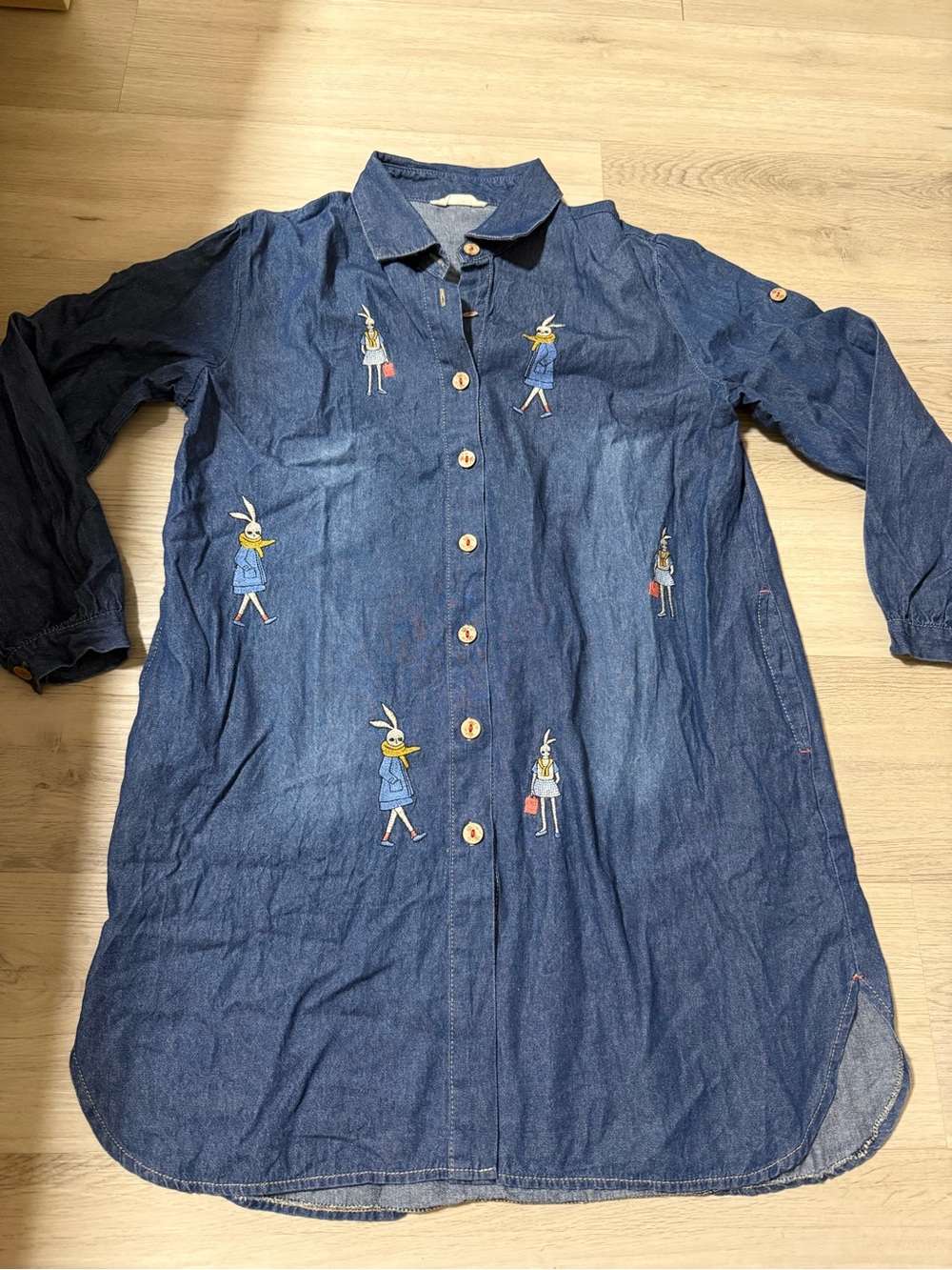 Denim Mini Dress Embroidered Rabbits Shopping Bunnies Women’s Size Small Short